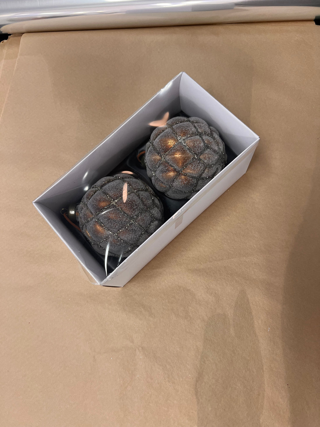 Lasinen joulukoriste, pallo, taupe/pronssi 2 kpl pakk.