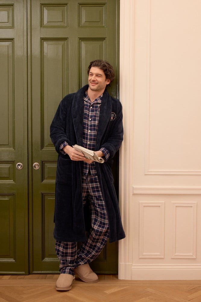 Luomupuuvilla yöasusetti ruudullista flanellia, sininen